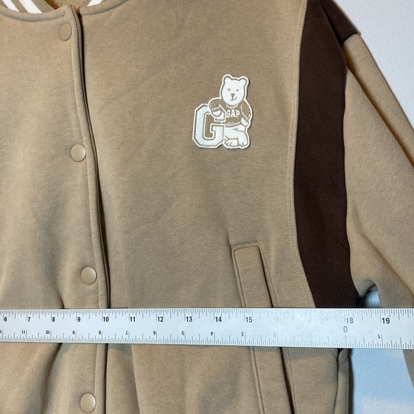 GAP Varsity Jacket Women’s XXS Tan Brown Bear Logo Snap Up Cozy Y2K Sweatshirt - Picture 11 of 13